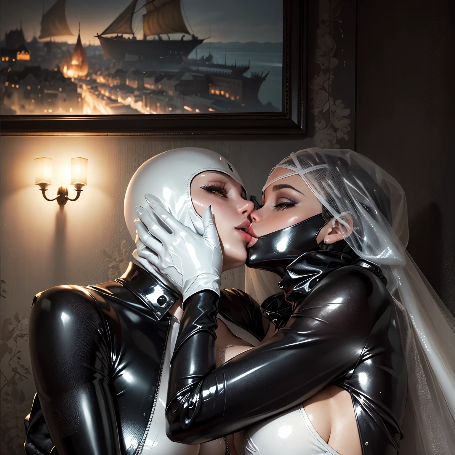 Kissing,latex hood,latex masks,  couple, romantic, nighttime, soft lighting, passion, intimate connection, tender embrace, close-up of lips, gentle caress, loving touch, bride white latex dress, full face masks 