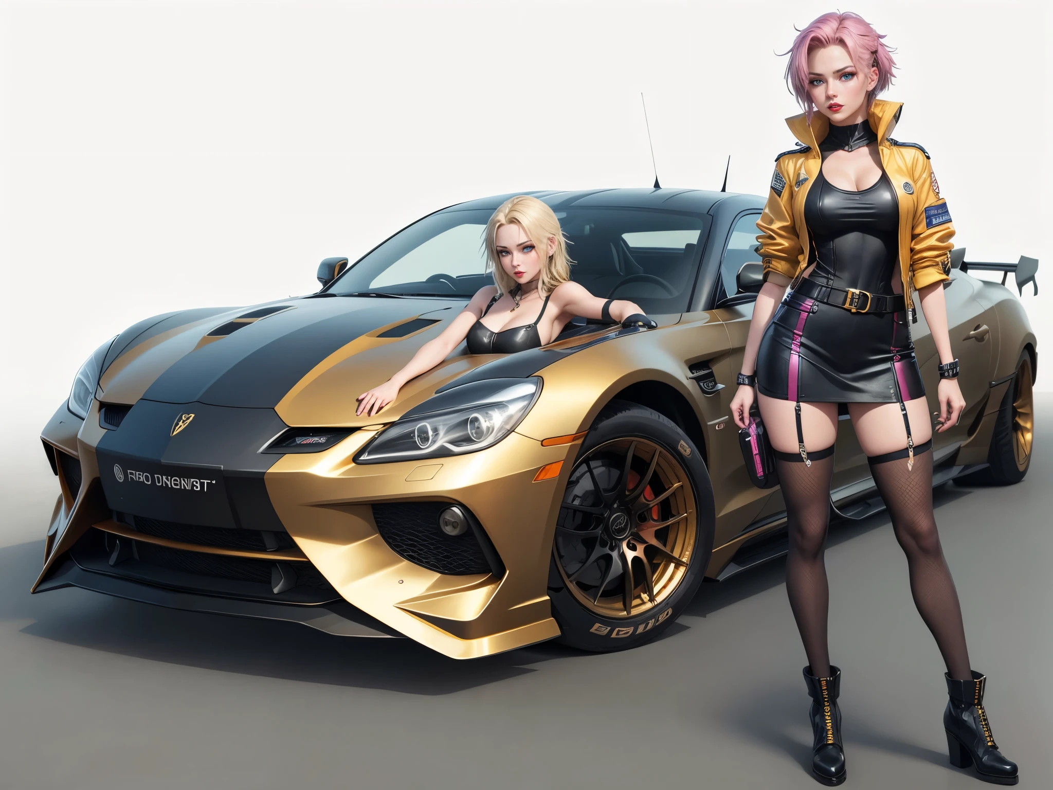 a woman standing next to a golden car in a garage, anime style 4 k, art deco outrun anime aesthestic, anime cyberpunk art, cyberpunk anime girl, cyberpunk anime art, 8 0 s anime vibe, digital cyberpunk anime art, female cyberpunk anime girl, anime style. 8k, modern cyberpunk anime, badass anime 8 k, anime vibes, 4k anime wallpaper