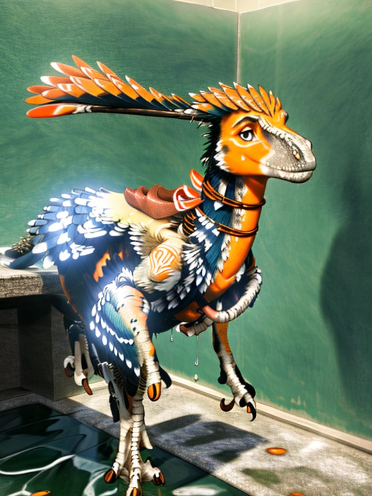 Ultra high resolution, best quality, masterpiece, mirror reflection, (half transformation), young male human feathered deinonychus mascot girl animatronic fursuit hybridization metamorphosis, in dark abandoned unlit bathroom, (part human:1.6) (part feral:1.3), (orange:1.9) (tawny:1.5) (striped:1.2) (spotted:1.1), ((liquid goo partial dripping encasement)), Five nights at Freddy’s style, you stare at your reflection in horror as you morph into a decrepit animatronic feathered deinonychus mascot girl, transgender metamorphosis male to female.