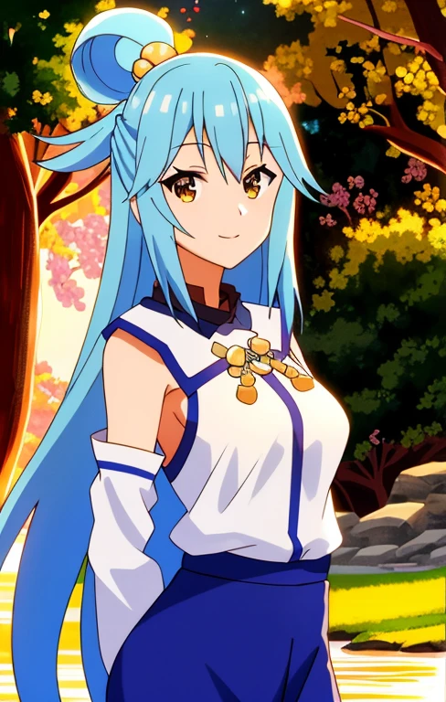 asuna, obra maestra, Mejor calidad, detallado, (1 chica), Solo, detallado golden eyes, pelo largo, de pie, cerca del espectador, (detallado kimono), sonrisa ligera, pechos medianos,  (arms behind the back), agua, Atardecer, (adorno para el pelo), (sakura bloom),  Lago Snow Mountain al fondo