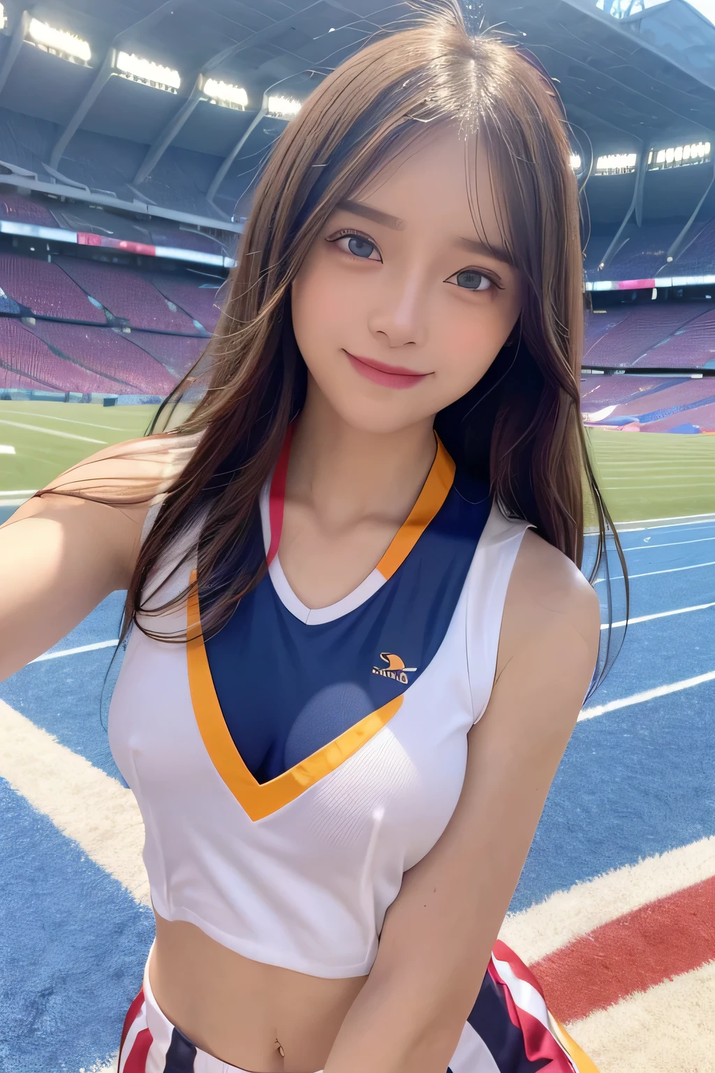 pieces fly、masterpiece、highest quality、Super detailed、High resolution、High resolution、8K portrait、unity 8k wallpaper、Detailed CG、unity 8k wallpaper、Detailed CGユニティ8kの壁紙、realistic、real person、portrait photography、shiny skin、( 1:2)、(cute:1.4)、High resolution、beautiful clear eyes、very detailed explanation、delicate face、nice lips、thin waist、thin legs、1 girl、(athletics stadium:1.4)、(colorful sleeveless track and field uniform:1.4)、(big breasts:1.3)、(Swelling of the nipples:1.3)、(smile)、(abs:1.3)、(wavy hair)
