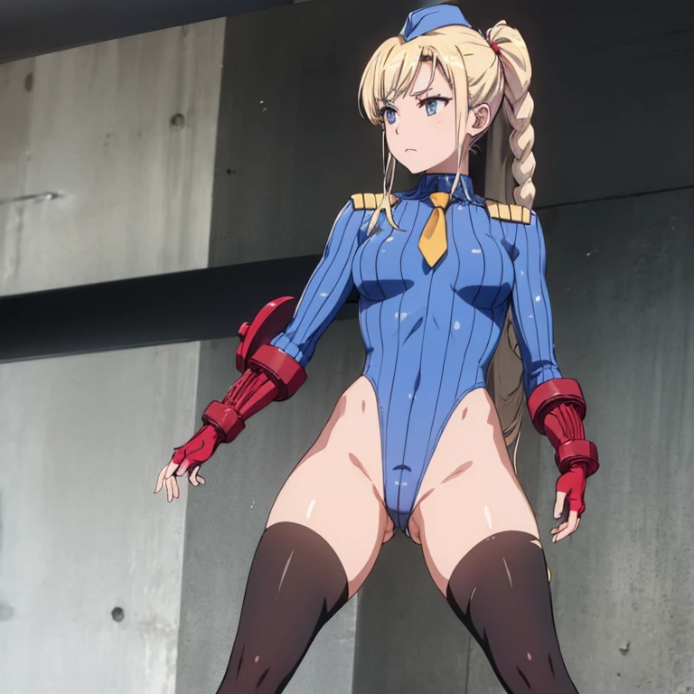 ultra-detailed, Explicit, Beautiful body, Beautiful Nose, Beautiful character design, perfect eyes, perfect face, ultra highres, 4K, beautiful legs, perfect legs, Nice hands, Perfect hand, Masterpiece, Best Quality, Highly detailed, illustration, absurdres, perfect anatomy, street fighter, doll suit, shadaloo doll, dollsuit, girls, multiple girls, expressionless, blank eyes, looking at viewer, red gloves, emotionless, black latex, corrution, mind control, female combatant, full body, hypnotized, unhappy trance, full body suit, ribbed bodysuit, both arms at side, obey, perfect female body, extremely glossy latex, hypnosis, hypnoLora, empty eyes, Mind control device, poses, submissive_pose, Slave, hat, necktie, stand up straight, standing, standing at attention, hat, necktie, belt, latex, ribbed bodysuit, thighhighs, garter belt, Fighting Stance, extending the right arm from the shoulder into the air with a straightened hand, military, thigh boots, 1girl, Solo, Wilhelmina Braunschweig Ingenohl Friedeburg, High School Fleet, blonde hair, blue eyes, long hair, braids, hair ornaments
