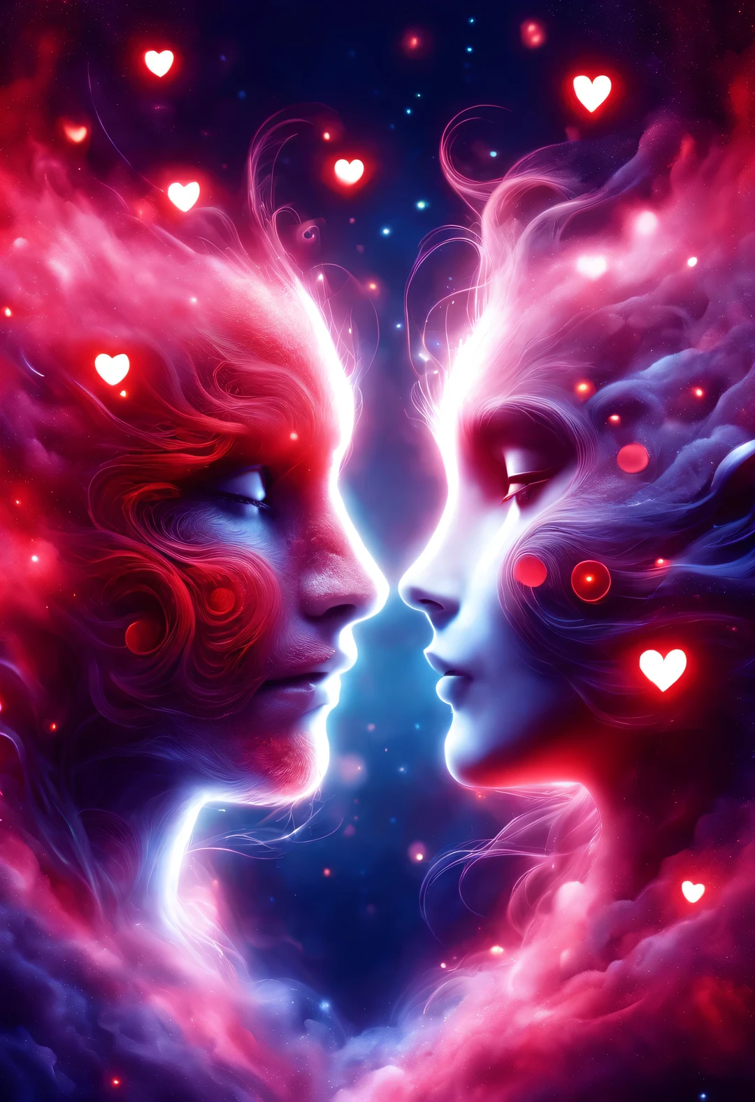 （Man giving woman huge glowing red heart），（There is a beautiful eye in the red heart：1.3）（Clear anatomy，A red heart beats in the center of the picture.：0.85），（Tom Hardy and Audrey Hepburn）（A man and a woman hugging each other face to face，share a huge heart），Black light art，sharp focus，Toned muscles，Background human upper body muscles， fantasy，Reality，cartoon，3d rendering，Super fine, Eighth Route Walker, Behavioral Contest Winners, vanity, trumpet, modern, 超Reality主义