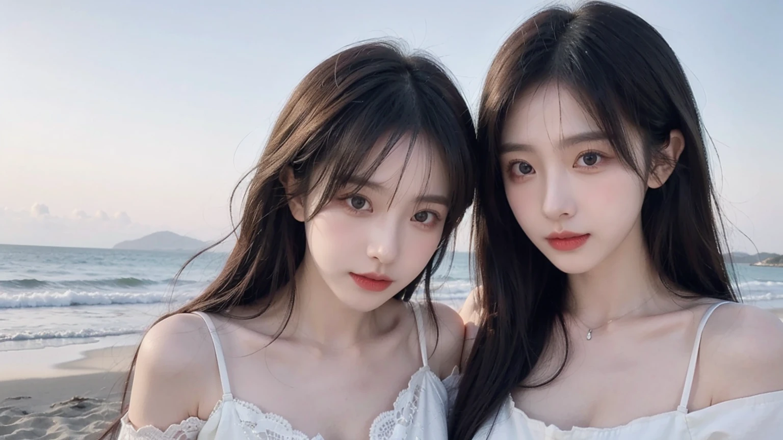 2 women，(High resolution 8K Raw lifelike,best quality)，Fashion trendy beautiful charming woman，gentle and charming Chinese beautiful woman，South Korea,South Korea流行偶像，Exquisite and sexy collarbone，Charming goose egg face，double eyelids，skilled[Peach colored lower eyes，red pink lips，small nose，shoulder，The focus is on the face，face close-up，Ultra-detailed，Green off-shoulder long-sleeved top，green wrap skirt，light red hair，(Half body：1.3)，cleavage lace，Lace up， fresh and impressive， natural color，headlight，Normal body proportions， tattoo，(Ocean，beach)，breeze in the breeze，sunshine on face，sweet smile