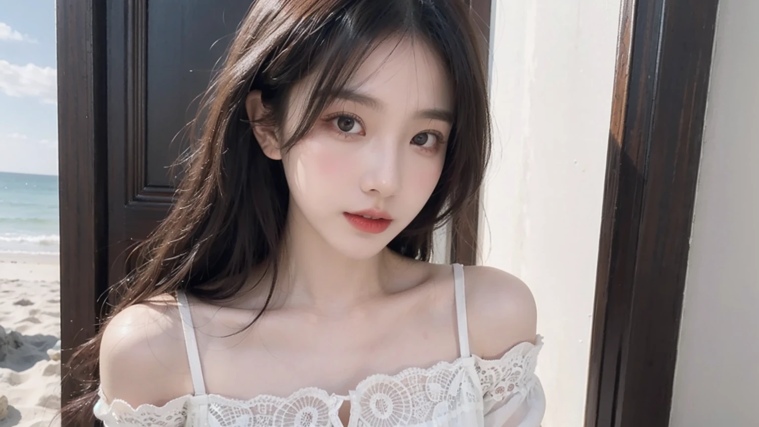 2 women,(High resolution 8K Raw lifelike,best quality),Fashion trendy beautiful charming woman,gentle and charming Chinese beautiful woman,South Korea,South Korea流行偶像,Exquisite and sexy collarbone,Charming goose egg face,double eyelids,skilled[Peach colored lower eyes,red pink lips,small nose,shoulder,The focus is on the face,face close-up,Ultra-detailed,Green off-shoulder long-sleeved top,green wrap skirt,light red hair,(Half body:1.3),cleavage lace,Lace up, fresh and impressive, natural color,headlight,Normal body proportions, tattoo,(Ocean,beach),breeze in the breeze,sunshine on face,sweet smile
