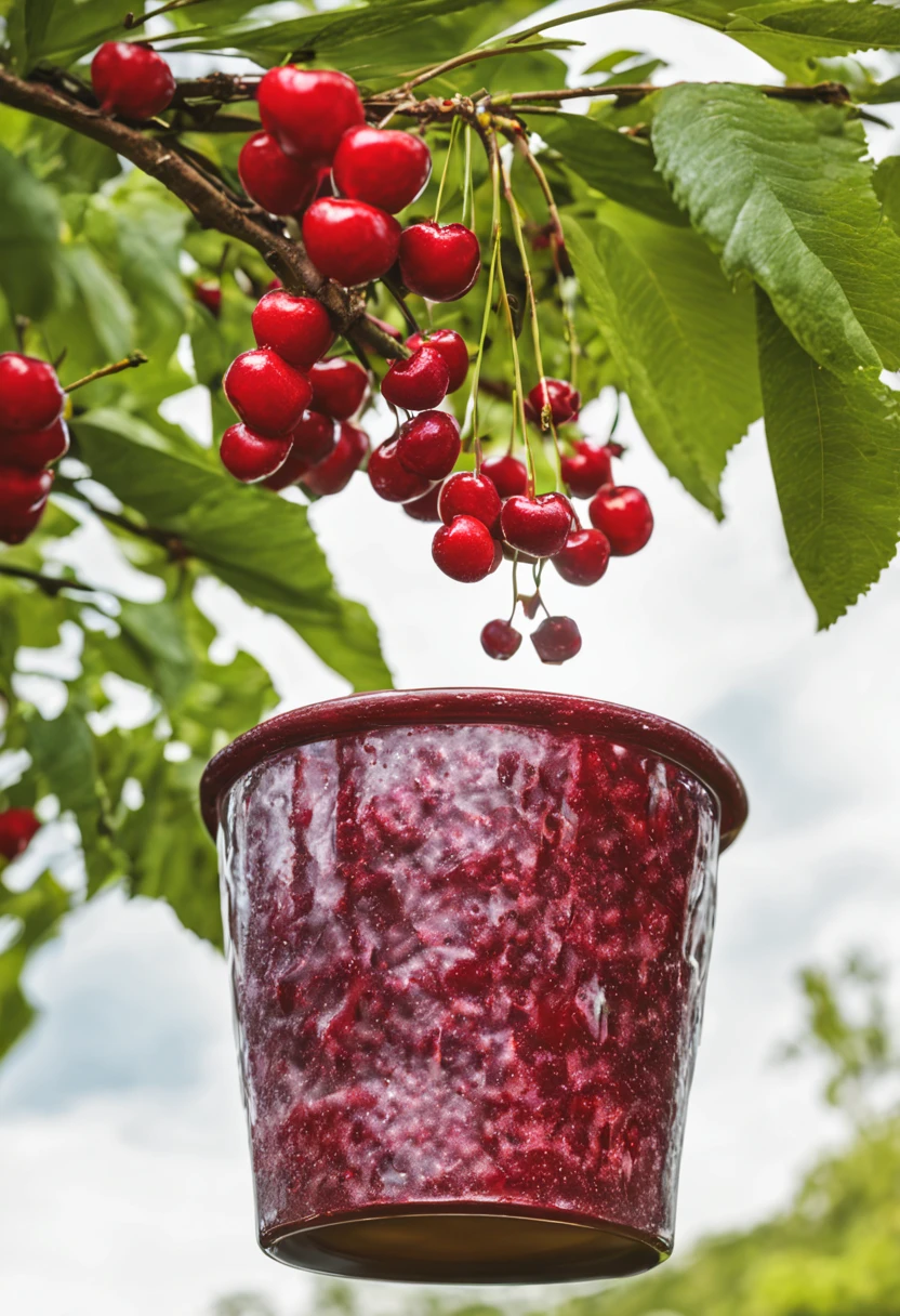 On a cherry tree in the cherry orchard,Full of cherries,One of the cherries shed its juice and fell into the cup below.