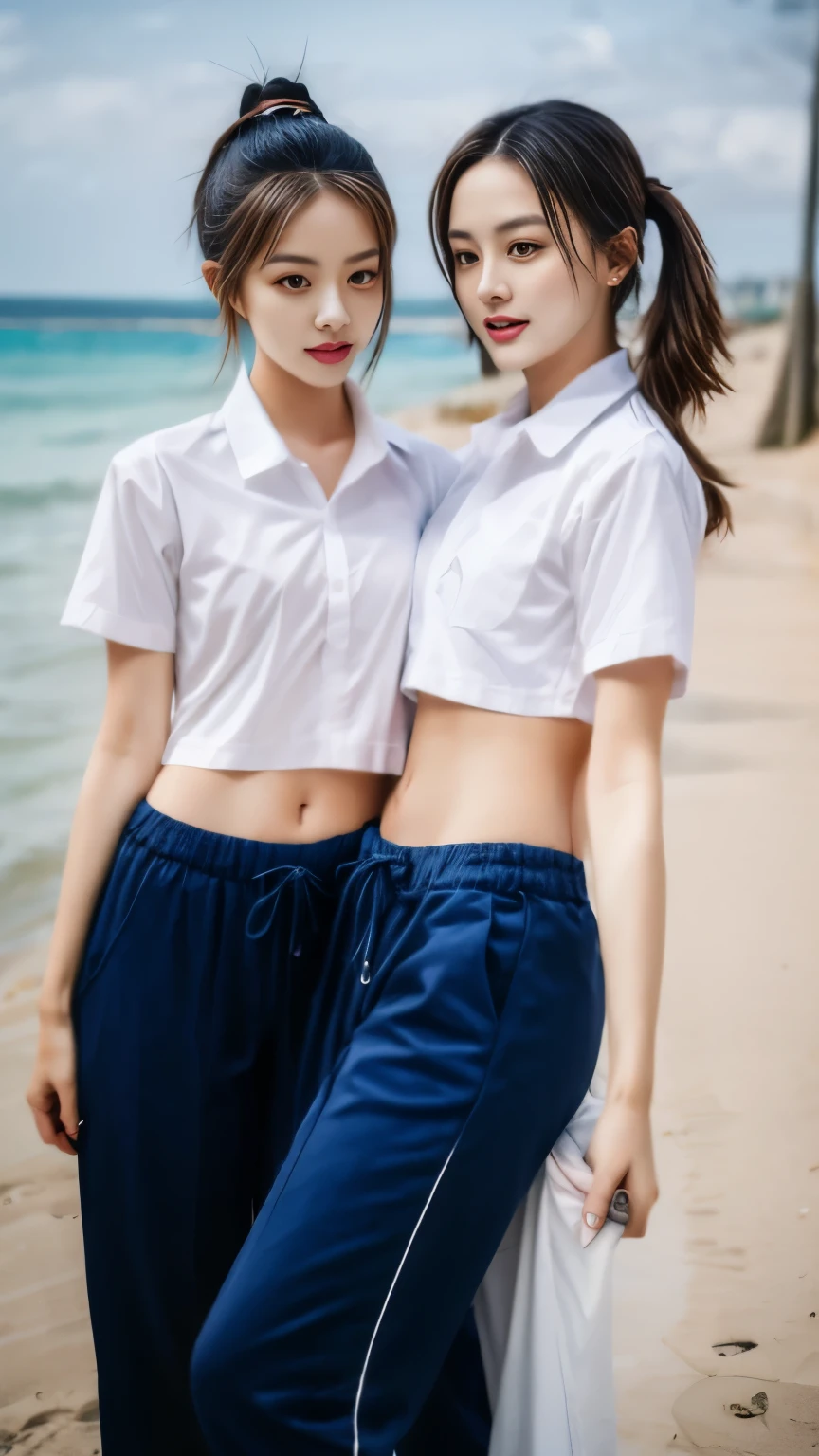 2 girls on the beach, Navy blue short-sleeved shirt,Navy Long Trackpant,Sweatpants, Sweatpantsขายาว,25 year old girl, lesbian, sexy, exercise clothes