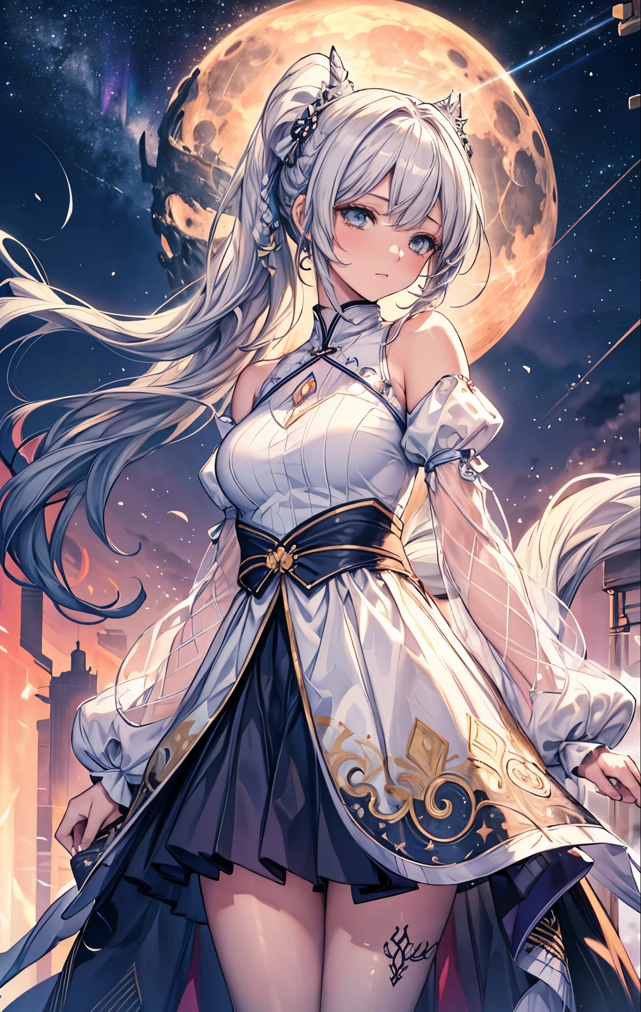 official art, unity 8k wallpaper, super detailed, Beautiful and aesthetically pleasing, master piece, best quality person, (zentangle, datura, crew, mesh), (fractal art: 1.3), 1 Moon Princess Serenity, (Hairstyle: 2 dango and 2 long ponytails)new moon, very detailed, dynamic angle, cowboy shot, The most beautiful forms of chaos, elegant, fauvism design, Bright colors, romanticism, Twinkling in the Stars, aurora