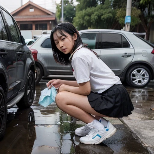 3 12 year old Asian girls wearing student uniform with short skirt, short socks and black back shoes washing a car