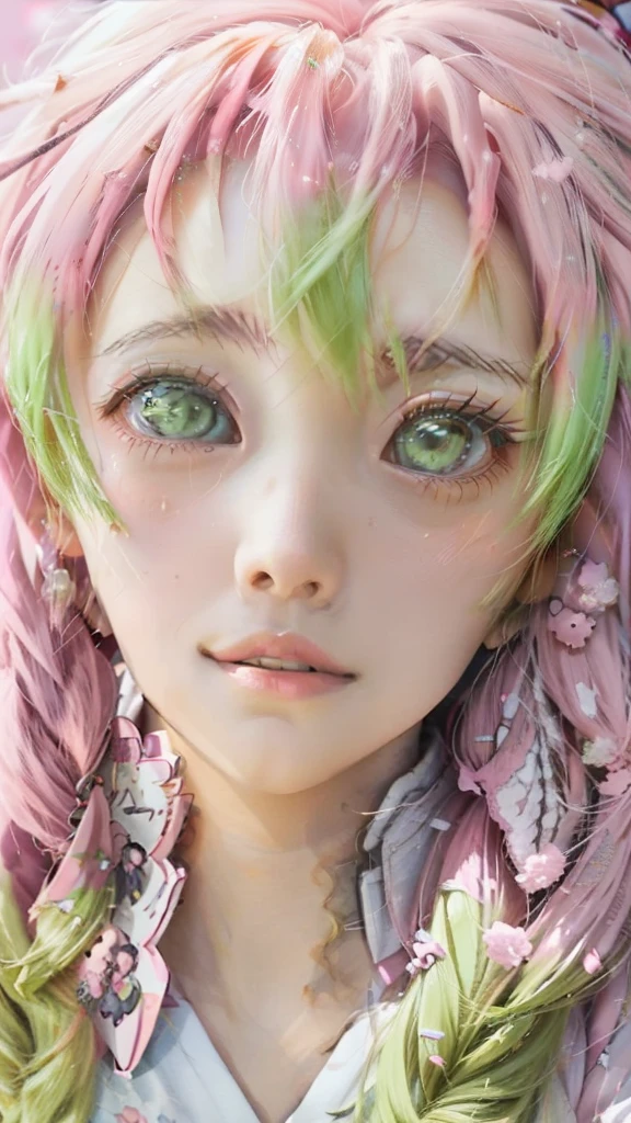 high quality, (photorealistic:1.8), 1girl, (aegyo sal:1), cute, ((puffy eyes)), irreal_engine, photography, realistic_skin_texture, photorealistic, green eyes, pink hair, pink hat, white dress, children