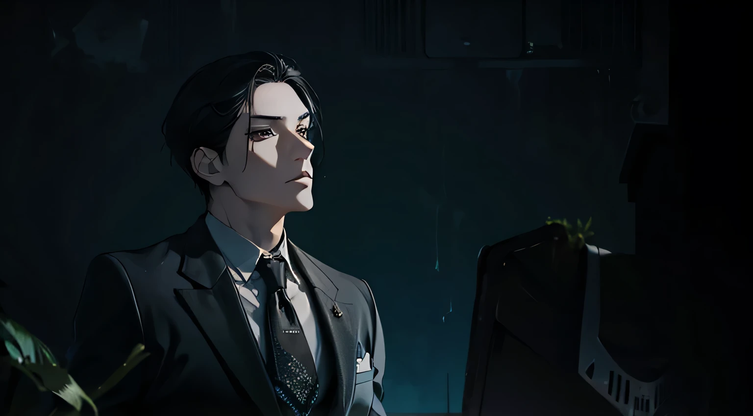 1 male, aldult, Handsome, muscular man, broad shoulders, black eyes, black hair, alone, black suit