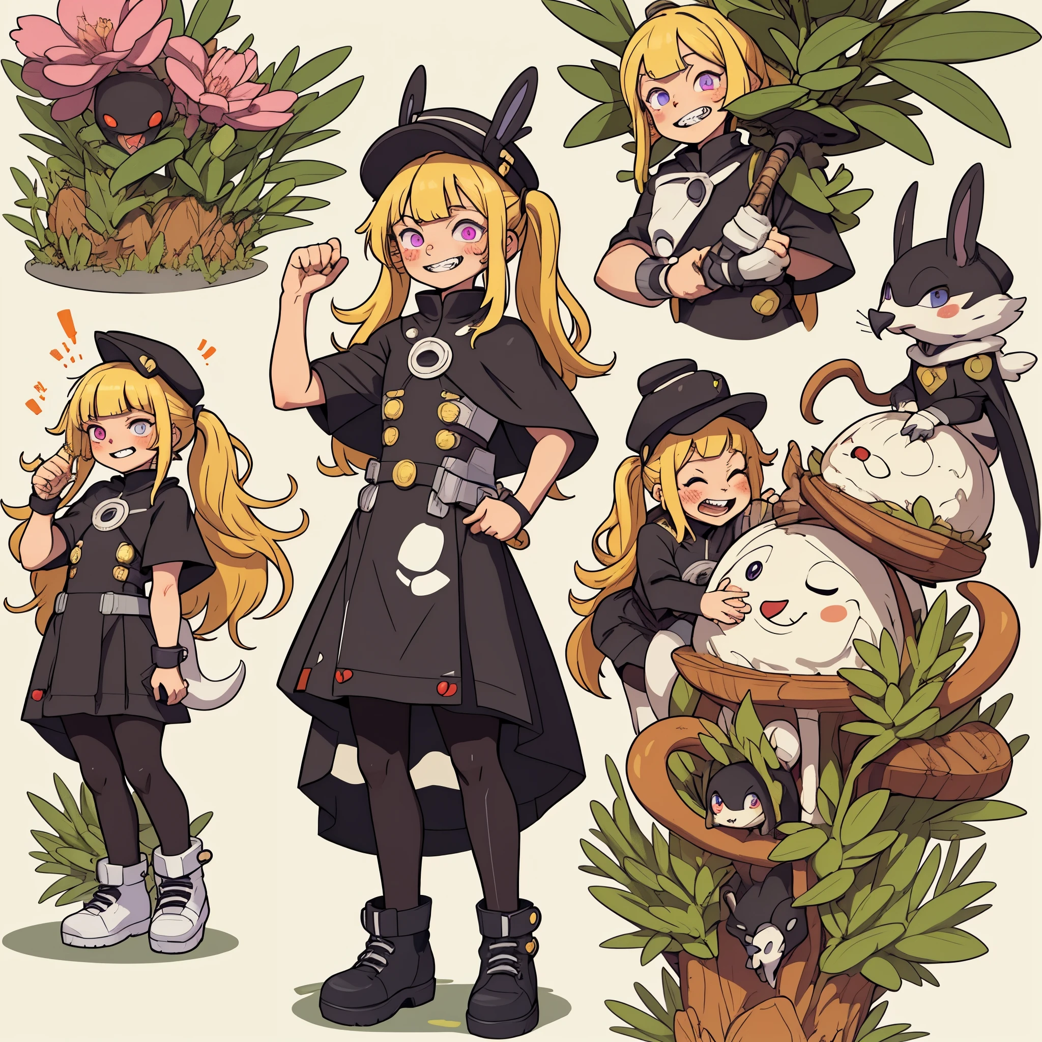 hezi, fresh illustration, flat paint style, sky, cloud, plant, Fighting soul character design, bright colors, European and American game style, 1girl, solo, spikes, gradient, blonde hair, pantyhose, long hair, gradient background, standing, full body, clenched hands, teeth, simple background, bangs, shiny hair, dress, shiny, grey background, black pantyhose, black footwear, black dress, looking at viewer, heterochromia, smile, red eyes, legs apart, black headwear, white background, hands up, boots, blunt bangs, pink eyes, puffy sleeves, shoes, multicolored footwear, purple eyes, hat, grin, blue eyes, sidelocks, parted lips, pigeon-toed, closed mouth, weapon, clenched teeth, scissors, long sleeves, short sleeves, clenched hand, black bodysuit, twintails, skirt, flat chest, v-shaped eyebrows, glowing, capelet, half-closed eyes, happy, straight-on, puffy short sleeves, blush,