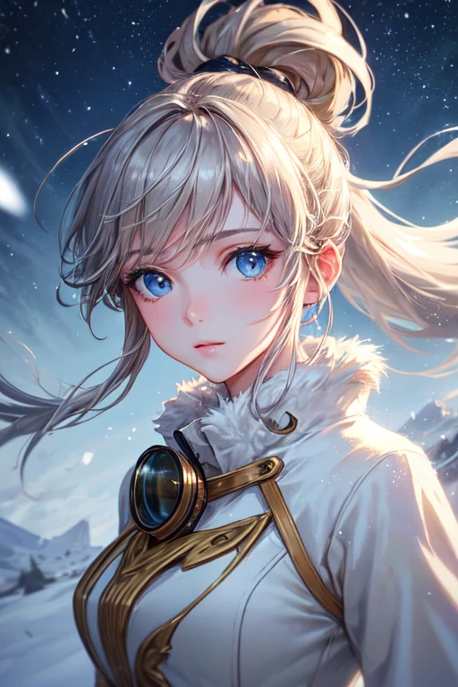 masterpiece, (highest quality: 1.2), (super fine: 1.2), figure, (very delicate and beautiful: 1.2), Film Angle, floating, (beautiful detail eyes: 1.1), (detail light: 1.1), film light, Delicate sky, woman, gray hair, blue eyes, (high ponytail: 1.1),goggles, fur,warm dress, beige clothes,shining eyes,  starry sky, (particles of light: 1.1), fog , snow painting, sketch, bloom
