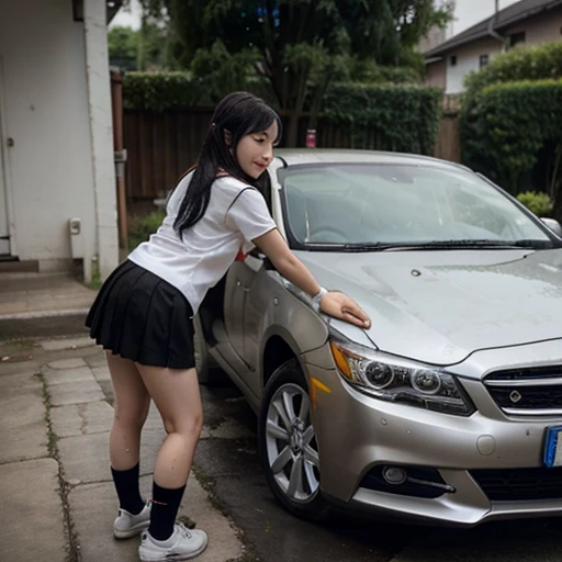 3 *********** Asian girls wearing student uniform with short skirt, short socks and black back shoes washing a car 