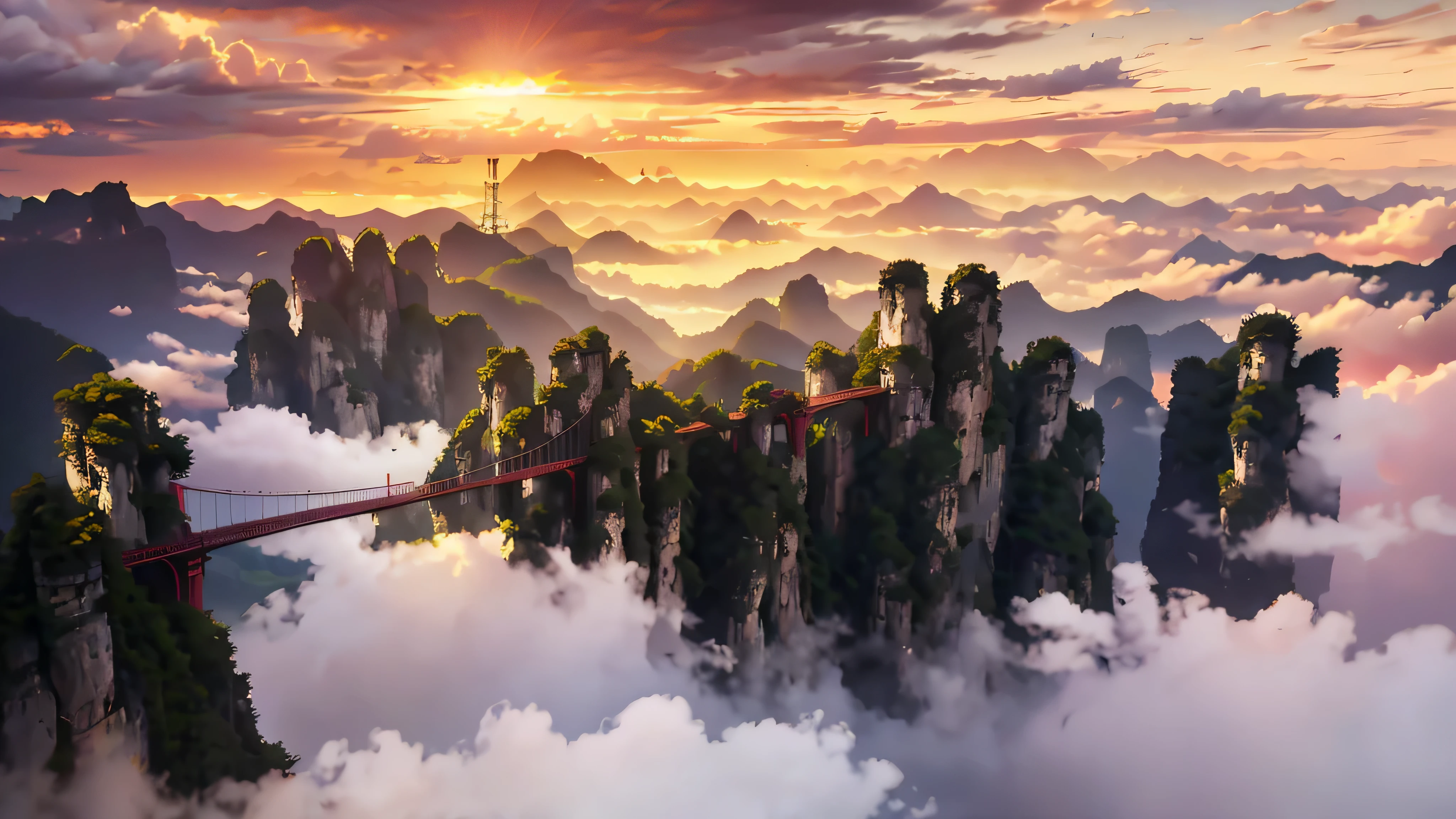 araffe suspension bridge over a mountain with a sunset in the background, zhangjiajie in early morning, sky bridge, zhangjiajie national forest park, zhangjiajie, bridge, &Quote;aerial view of a mountain, Reuven Tan, soaring towers and bridges, sky bridges, author：Victor Wang, by Zha Shibiao