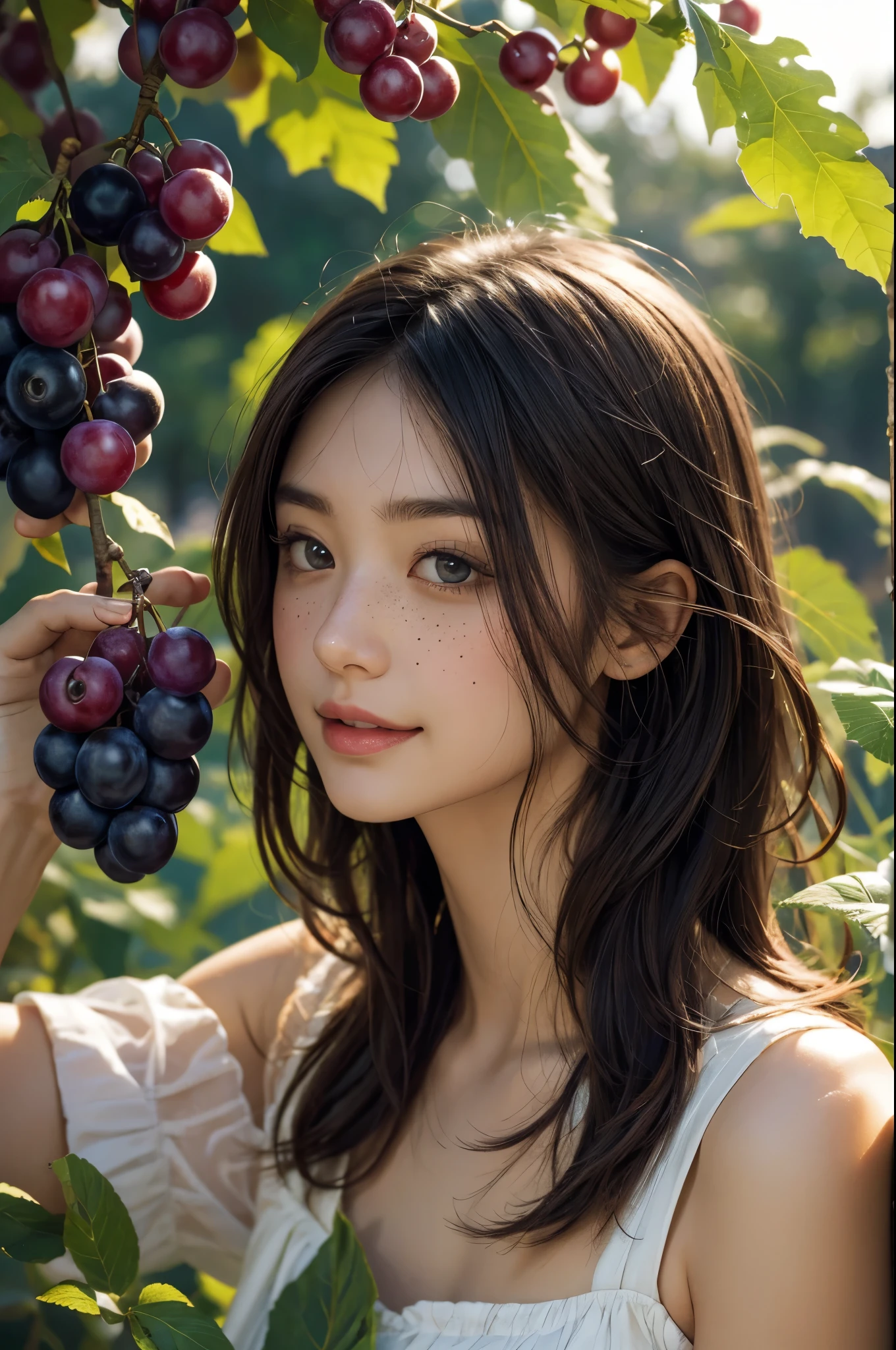A girl picking grapes,illustration,beautiful detailed eyes,beautiful detailed lips,extremely detailed eyes and face,long eyelashes,vibrant colors,soft lighting,(best quality,4k,8k,highres,masterpiece:1.2),ultra-detailed,realistic:1.37,summer garden,green vineyard,ripe grapes,lush greenery,freckles on her cheeks,flowing dress,joyful expression,vivid colors,late afternoon sun,gentle breeze.