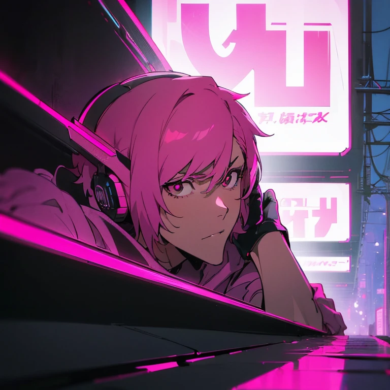 (shortcut), (two block hair), (bright pink hair), (red eyes), (cool pose), (top quality), (masterpiece), (Super detailed), (oversized hoodie), (Street style), (neon), (modern city), (neonデイライト), (cinematic), (stylish), (High resolution), (hyper-detailed), (soft town), (Nightcore), (a handsome guy), (man wearing headphones), (natural appearance of the building), (IG studio anime style), (Low - Angle), (looking at the camera), (Gundam cockpit)