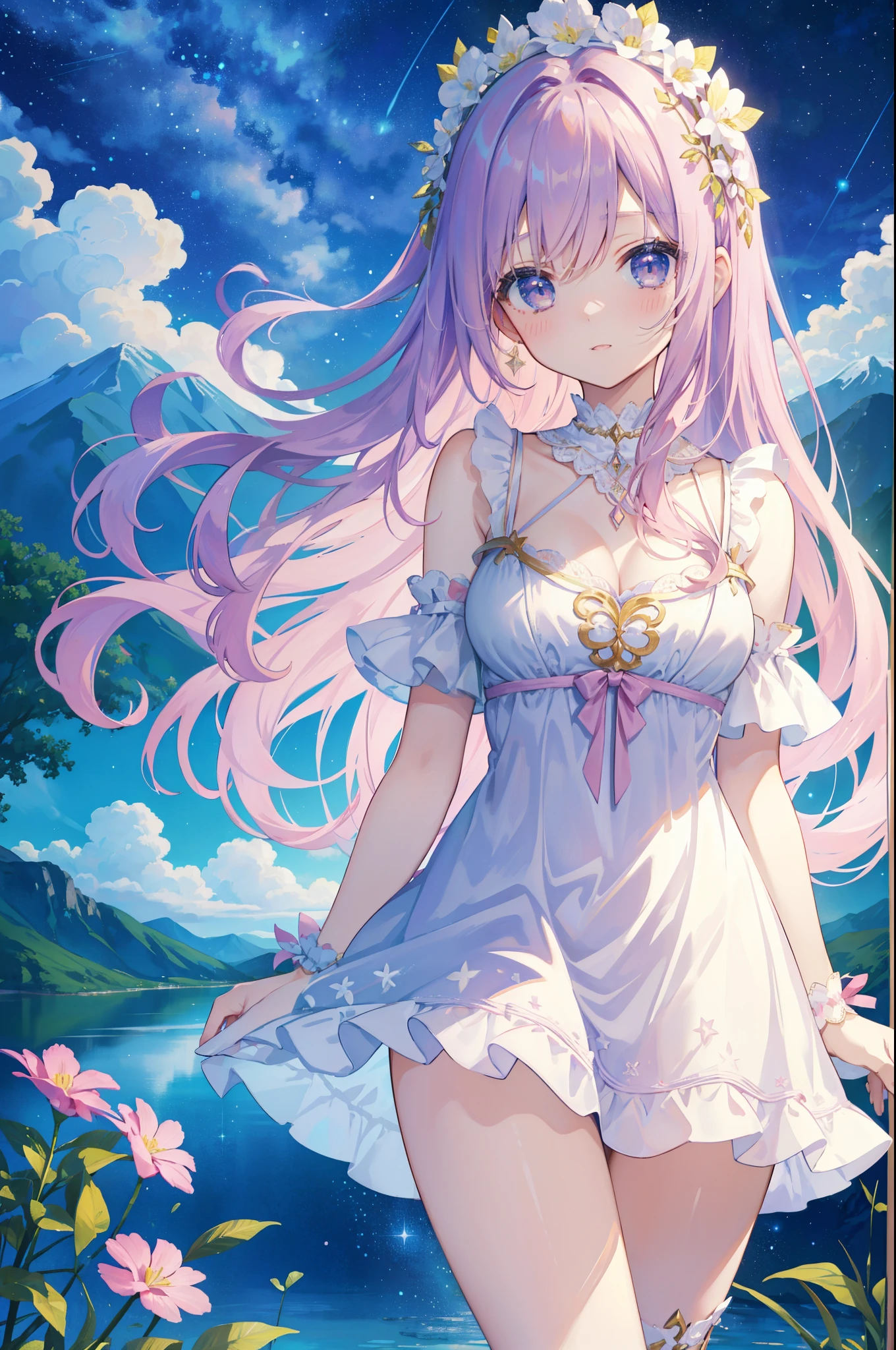 （masterpiece）、(highest quality)、((Super detailed))、(super delicate)、Idol in naughty night dress、Pastel colors hair、beautiful breasts、Thighs、Gorgeous、lake with mountain view、Fantastic starry sky