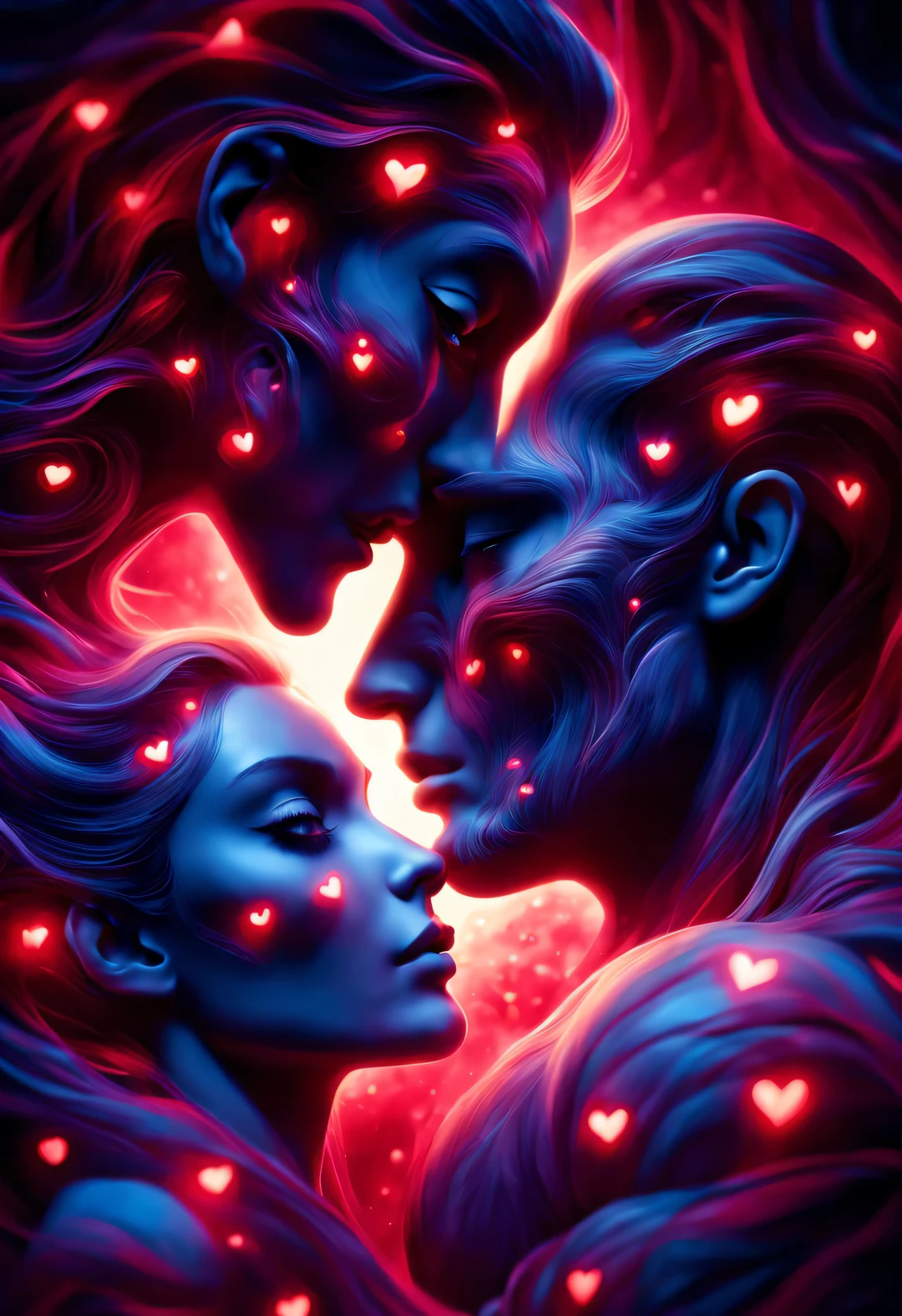 （Man giving woman huge glowing red heart），（There is a beautiful eye in the red heart：1.3）（Clear anatomy，A heart glowing red beats in the center of the picture.：0.6），（Tom Hardy and Audrey Hepburn）（A man and a woman hugging each other face to face，Sharing a huge heart），Black light art，sharp focus，Toned muscles，Background human upper body muscles， fantasy，Reality，cartoon，3d rendering，super fine, Eighth Route Walker, Behavioral Contest Winners, vanity, trumpet, modern, 超Reality主义