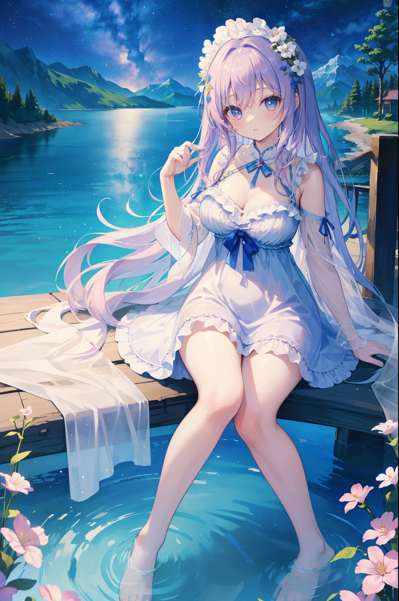 （masterpiece）、(highest quality)、((Super detailed))、(super delicate)、Idol in naughty night dress、Pastel colors hair、beautiful breasts、Thighs、Gorgeous、lake with mountain view、Fantastic starry sky