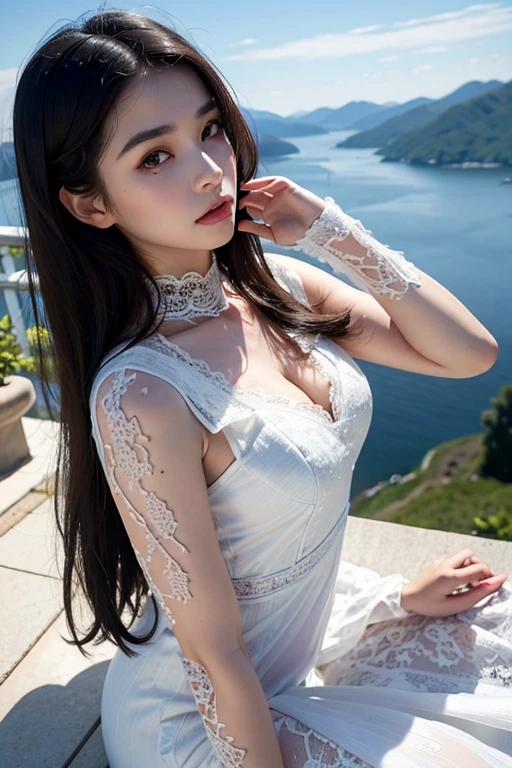 best quality,masterpiece,extremely detailed,high res,4k,ultra high res,detailed shadow,ultra realistic,realistic,dramatic lighting,1girl,solo,detailed face,realistic eyes,realistic skin,white dress,black hair,dynamic pose, white lace dress, full body, overlooking a scenic view