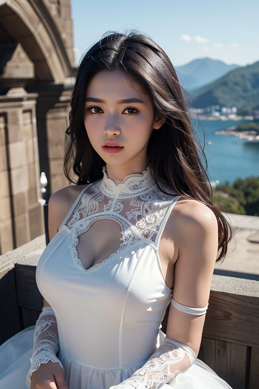 Best Quality, Ultra High Resolution, Masterpiece, Photo Realistic: 1.8, Pore, Precision, Angkor Wat, Balcony, Morning Sun, Pale Light, Young Woman, See-Through Lingerie, Detailed Description, 23 years old, Smile, Cute, Detailed, Delicate, Pubic Hair,