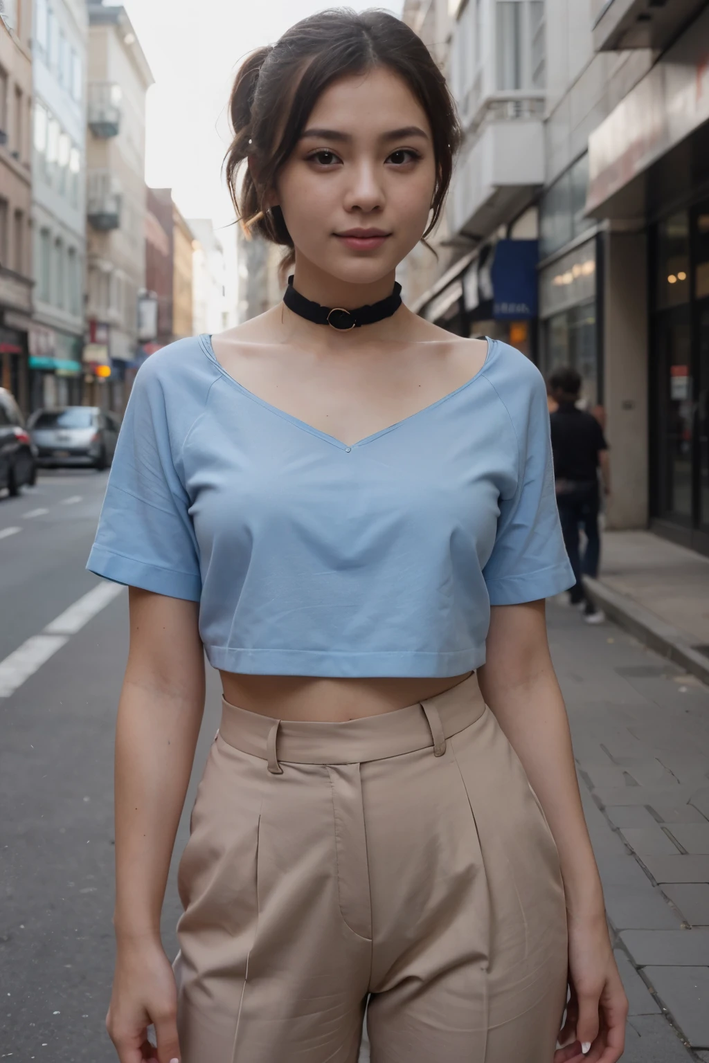 top-quality、​masterpiece、超A high resolution、(realisitic:1.4)、Beautuful Women１、Beautiful detail eyes and skin、smile、Light brown short-cut hair, She is Wearing a blue blouse,  gorgeous chinese model, photo of slim girl model, IG-Modell, beautiful female model,  on the street, Choker,  blue blouse, women's trousers, ponytail hair