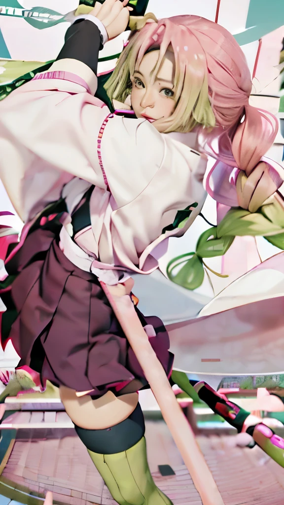 anime girl in a pink wig and green stockings holding a sword, sakura haruno in slug sage mode, shirabii, haruno sakura, inspired by Nishikawa Sukenobu, draped in pink and green robes, anime cover, madoka kaname, illustrious makinami, digital art from danganronpa, pink white and green, from touhou
