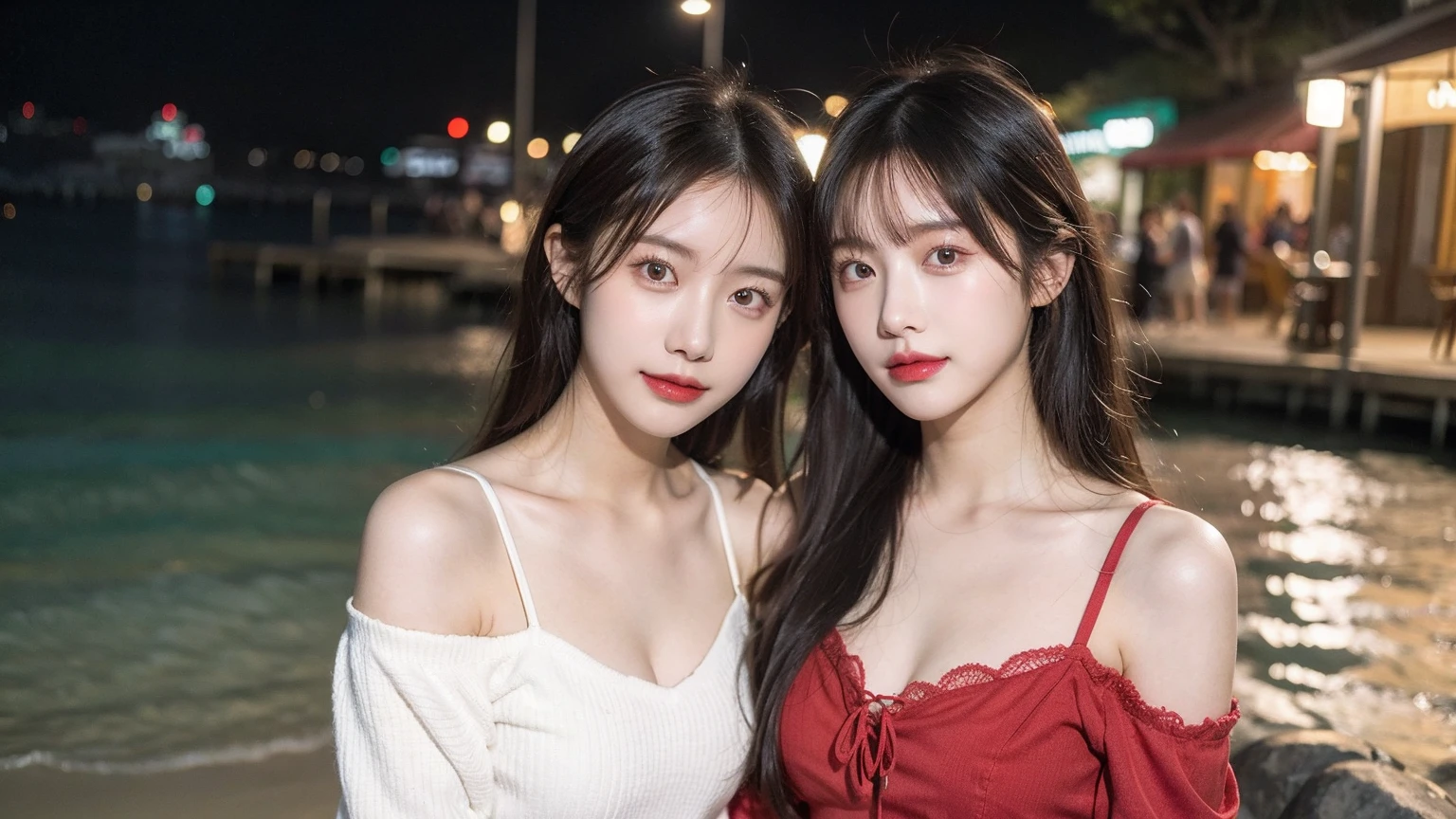 8K, top quality, masterpiece: 1.2), (realistic, photorealistic: 1.37), (3/4 body view:1.5), (super detailed two cute girls:1.2), (mature female), (Yuri, lesbian: 1.1), (perky firmed breasts), (two girls close to intimacy: 1.5), (two girls are rubbing their bodies against each other:1,2), beautiful detailed night sky, detailed sea side hotel, at night, (Standing on the deck in sea-side resort hotel: 1.5), (Detailed petite face with adorable nose and Charming Eyes: 1.5), (embarrassed:1.2), (ahegao:1.2), (looking at viewer1:1), Beautiful detailed eyes, (Purple or pink elegant lace-trimmed dress: 1.5), Night, (long hair: 1.2),