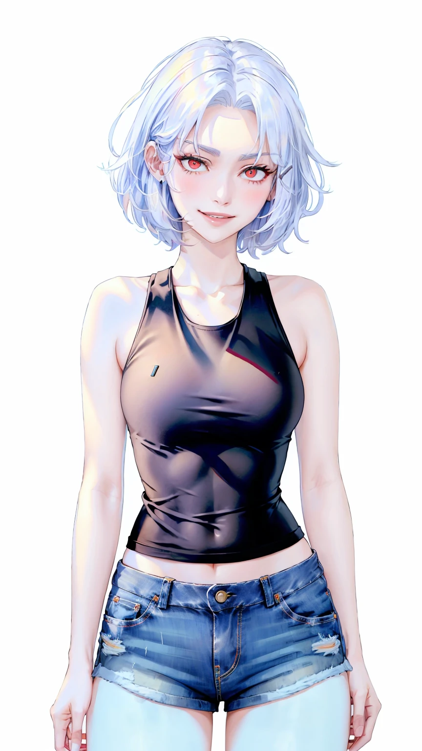 ((((masterpiece, best quality, high resolution)))), (1girl:1.5), ((short hair, white hair, red eyes, sharp eyes)), (average breasts:1.2), blush, (cheeky smile, parted lips), glow, thighs, bare shoulders, collarbone, narrow waist, (slender body figure), (beautiful detailed face, beautiful detailed eyes), ((white loose crop top, jeans shorts)), (standing up), looking at viewer, (cowboy shot)