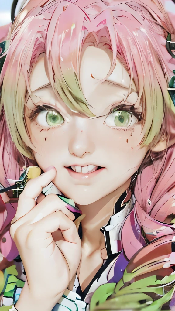 anime girl with pink hair and green eyes holding her hand to her face, illustrious makinami, pretty anime face, perfect anime face, cute anime face, extremely cute anime girl face, yami kawaii, cute natural anime face, haruno sakura, ahegao face, [[[[grinning evily]]]], beautiful anime face, anime girl named lucy