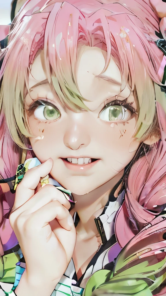 anime girl with pink hair and green eyes holding her hand to her face, illustrious makinami, pretty anime face, perfect anime face, cute anime face, extremely cute anime girl face, yami kawaii, cute natural anime face, haruno sakura, ahegao face, [[[[grinning evily]]]], beautiful anime face, anime girl named lucy