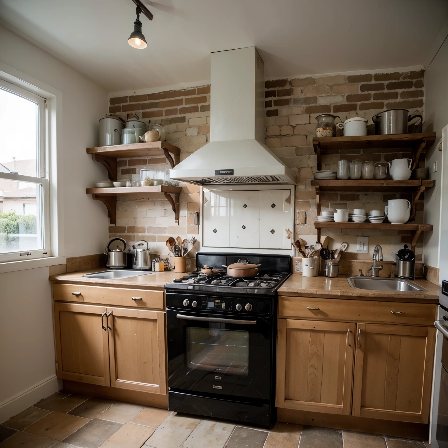 photo kitchen in vintage style with bricks on the wall. The furniture and cabine, designed in a classic style, along with the appliances