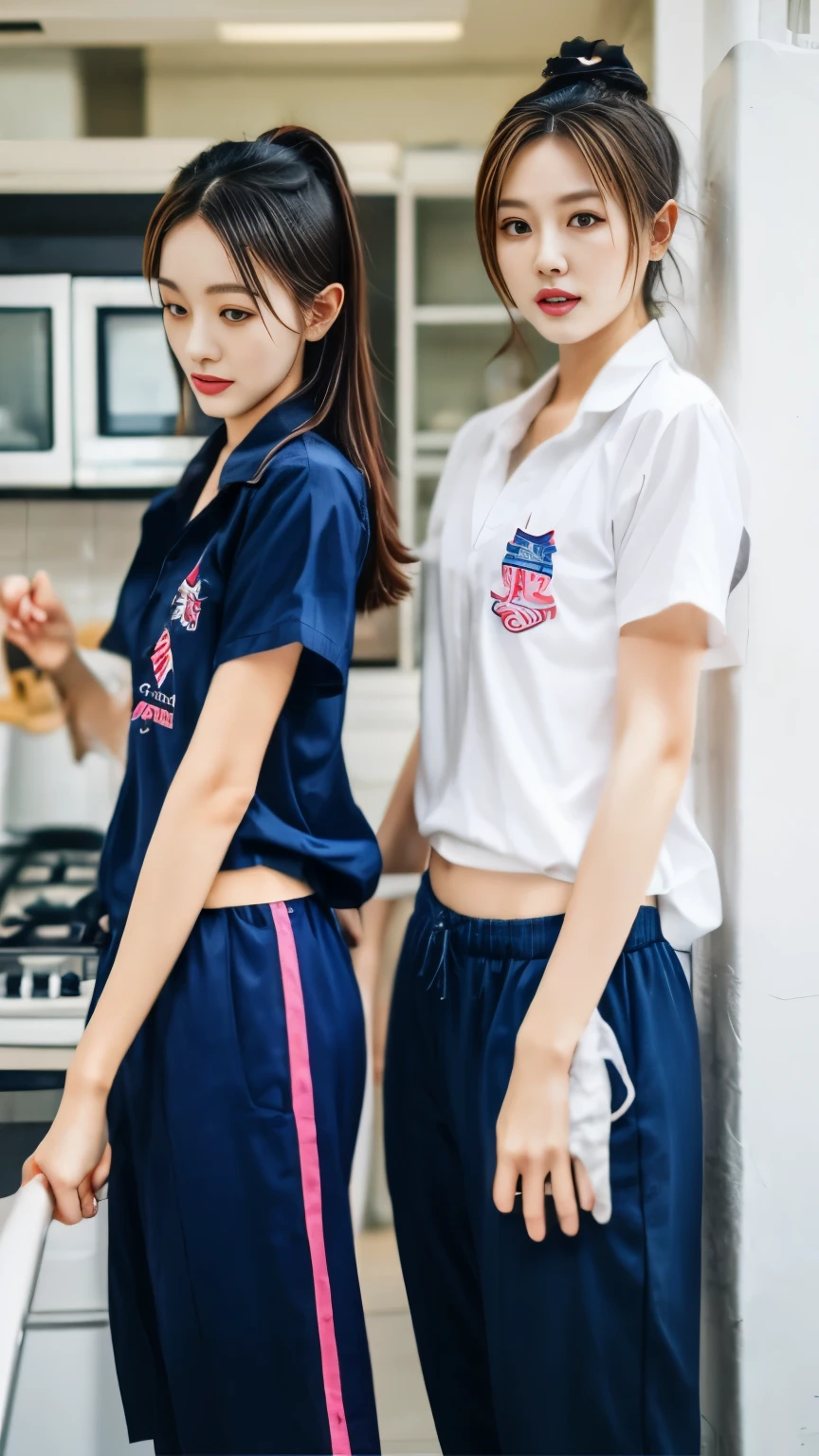 2 girls in the kitchen, Navy blue short-sleeved shirt,Navy Long Trackpant,Sweatpants, Sweatpantsขายาว,25 year old girl, lesbian, sexy, exercise clothes
