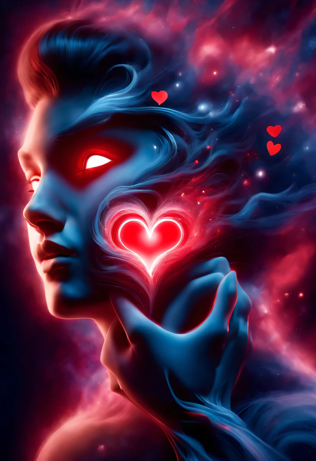 (Man giving woman huge glowing red heart),(There is a beautiful eye in the red heart:1.3)(Clear anatomy,A heart glowing red beats in the center of the picture.:0.85),(A man and a woman hugging each other face to face,Sharing a huge heart),Black light art,sharp focus,Toned muscles,Background human upper body muscles, fantasy,Reality,cartoon,3d rendering,James Jean (James Jean) super fine, Eighth Route Walker, Behavioral Contest Winners, vanity, trumpet, modern, 超Reality主义