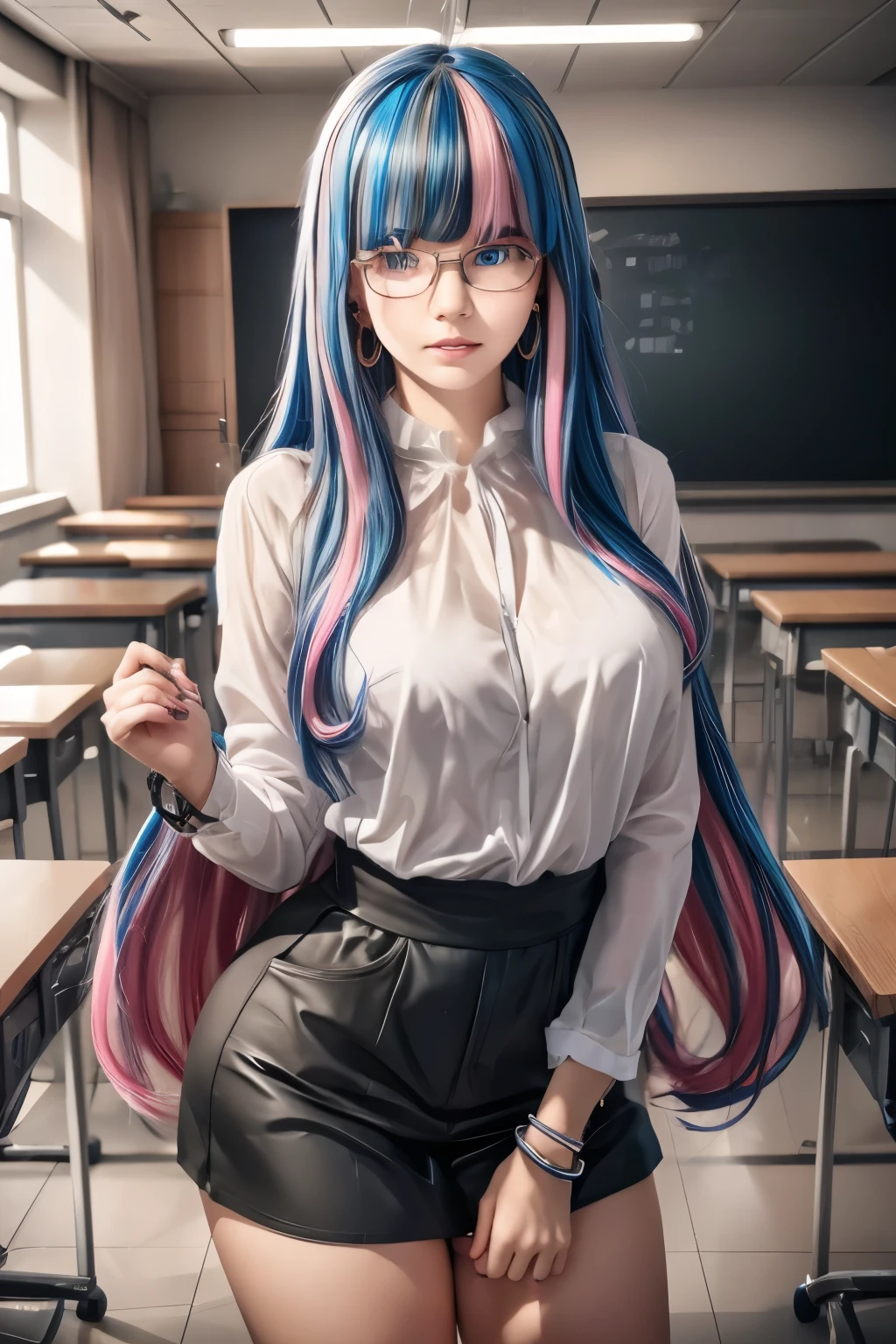 1girl, eida, long hair, bangs, blue eyes, very long hair, blue hair, pink hair, multicolored hair, earrings, blunt bangs, two-tone hair, streaked hair, ,glasses, lips, figure, suit blazer, no shirt underneath, in a classroom building, bracelet, parted lips, realistic, ultra detail, 70mm lens.