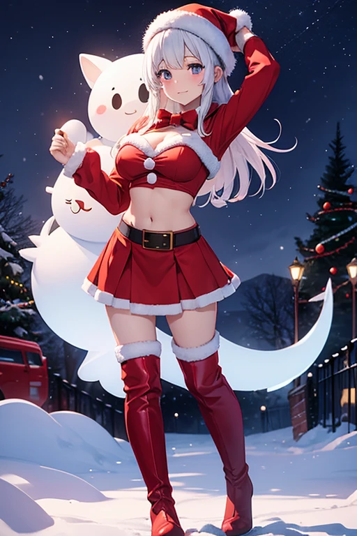 1 person, Santa Costumes、skirt、、Navel exposed、snowy、night、Full body Esbian、Are standing、Knee-high boots、Viewer-facing、(big breasts:0.5)、shiny skin