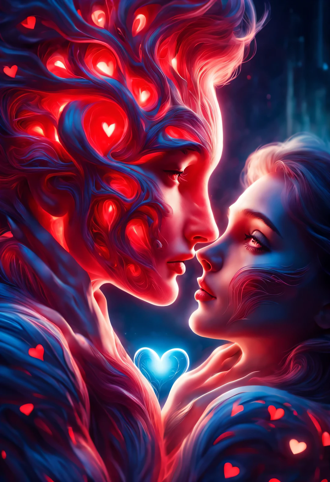 (Man giving woman huge glowing red heart),(There is a beautiful eye in the red heart:1.3)(Clear anatomy,A heart glowing red beats in the center of the picture.:0.6),(Tom Hardy and Audrey Hepburn)(A man and a woman hugging each other face to face,Sharing a huge heart),Black light art,sharp focus,Toned muscles,Background human upper body muscles, fantasy,Reality,cartoon,3d rendering,super fine, Eighth Route Walker, Behavioral Contest Winners, vanity, trumpet, modern, 超Reality主义
