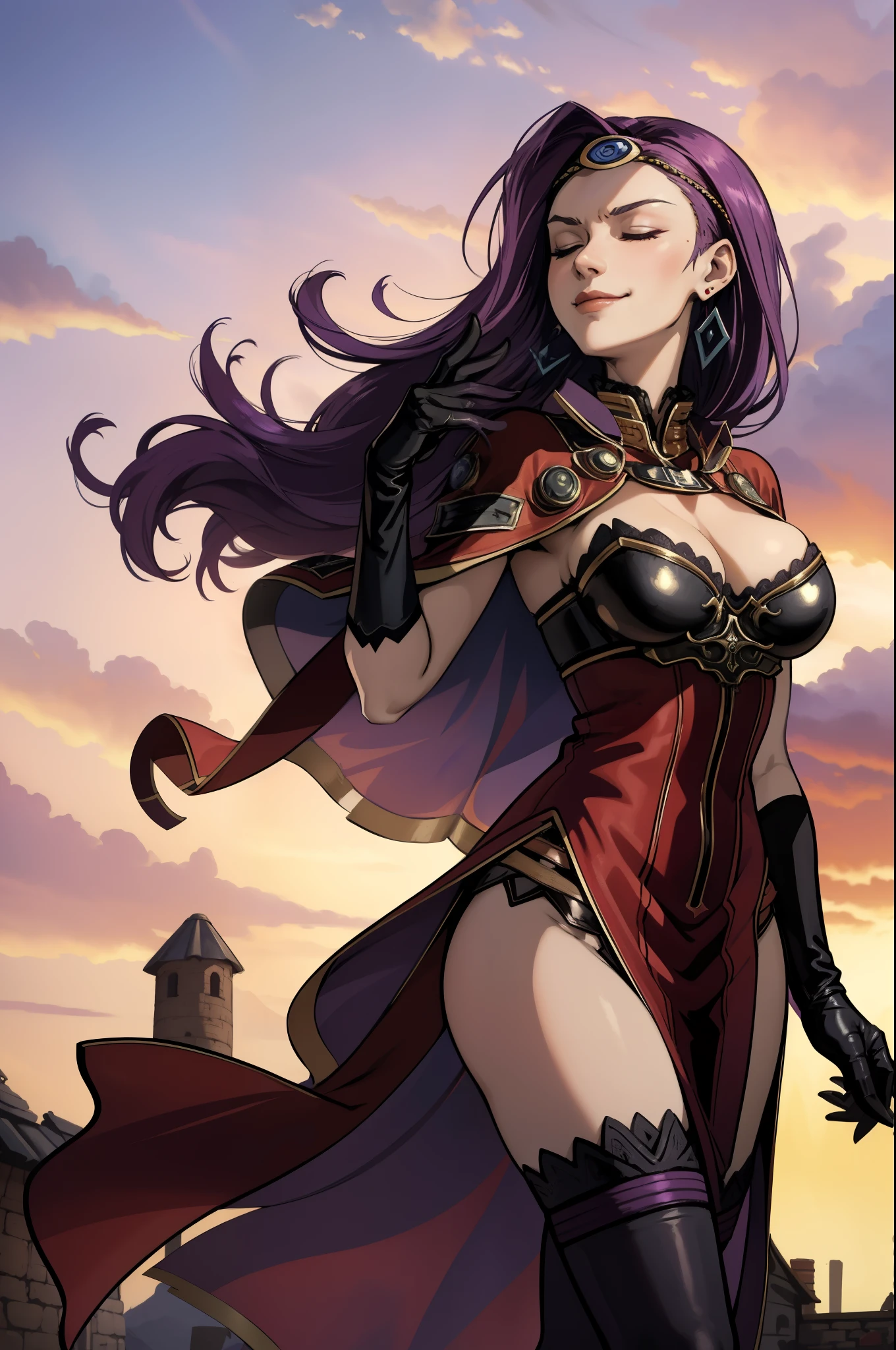 masterpiece, best quality, defsonya, circlet, purple cape, earrings, cleavage, red dress, black gloves, black thighhighs, high heels, from side, hair flip, hand at hair, closed eyes, smirk, sky, clouds, rustic village 
