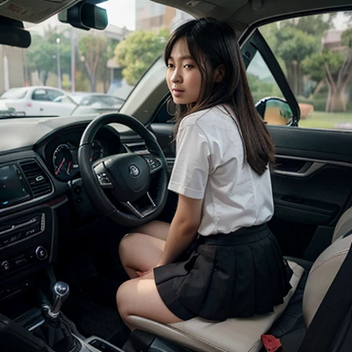 3 Asian girls in student uniform with short skirt, short socks and black back shoes sitting in a car