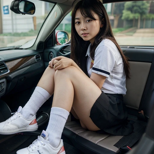 3 12 year old Asian girls in student uniform with short skirt, short socks and black back shoes sitting in a car