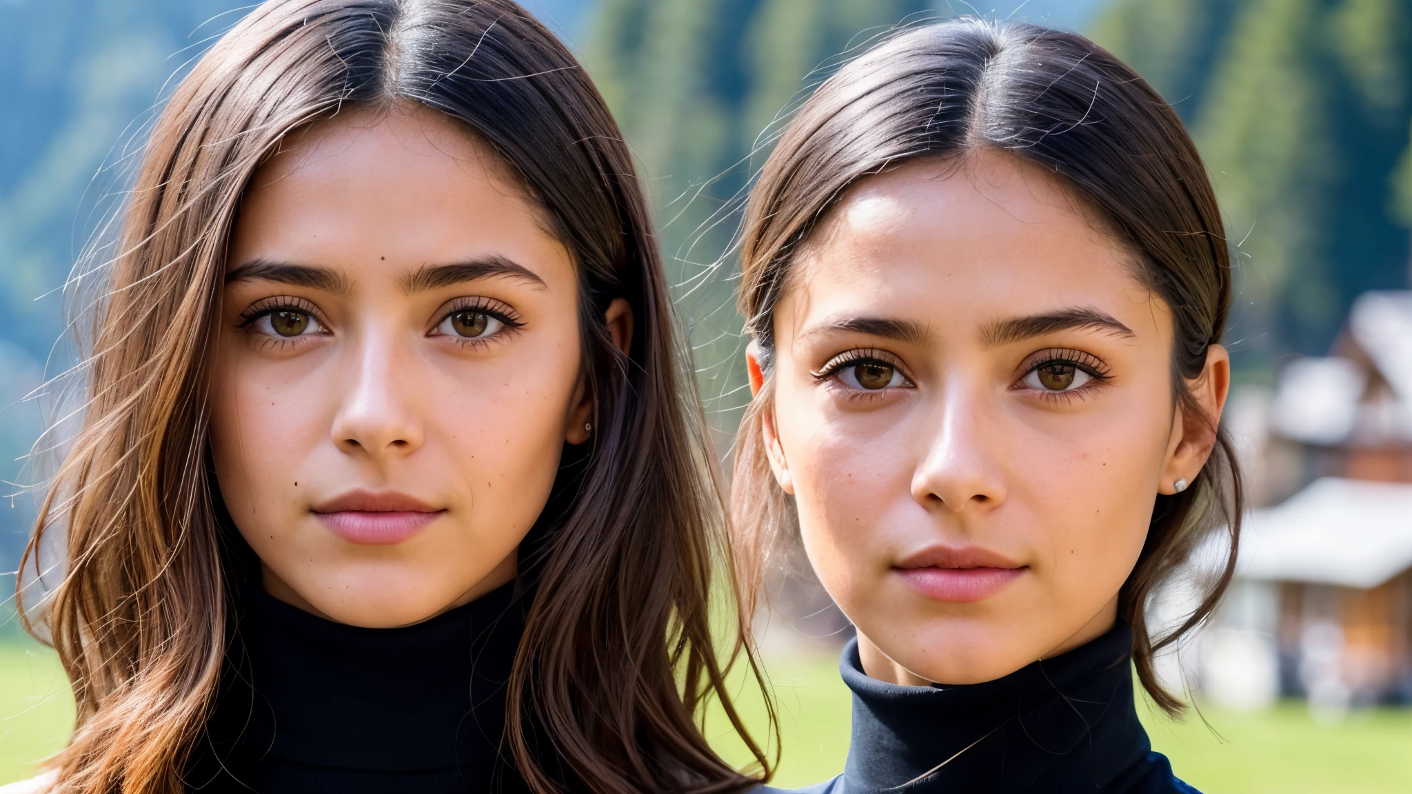 Beautiful, eye-catching colors all over., (sks girl:1), Wear a black turtleneck., Great character elements, By Ilya Kuvchinov, Alessio Albi, Nina Masik, Sharp focus, natural light, subsurface scattering, f5, 18 mm., Film texture, short hair, There is the village of Grindelwald, Switzerland, in the background., A slight smile on his face.