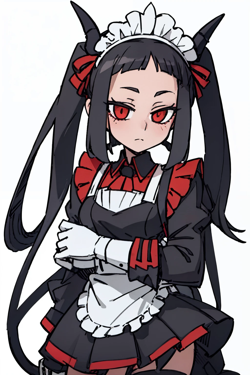 （（a woman，front，whole body）），maid outfit，black hair，There are white demon horns on the head，White background，Native American，feather