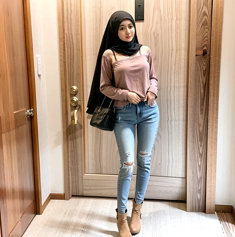 there is a woman hijab standing in front of a wooden door, wearing a camisole and boots, kawaii shirt and jeans, brown clothes, multilayered outfit brown shirt hijab