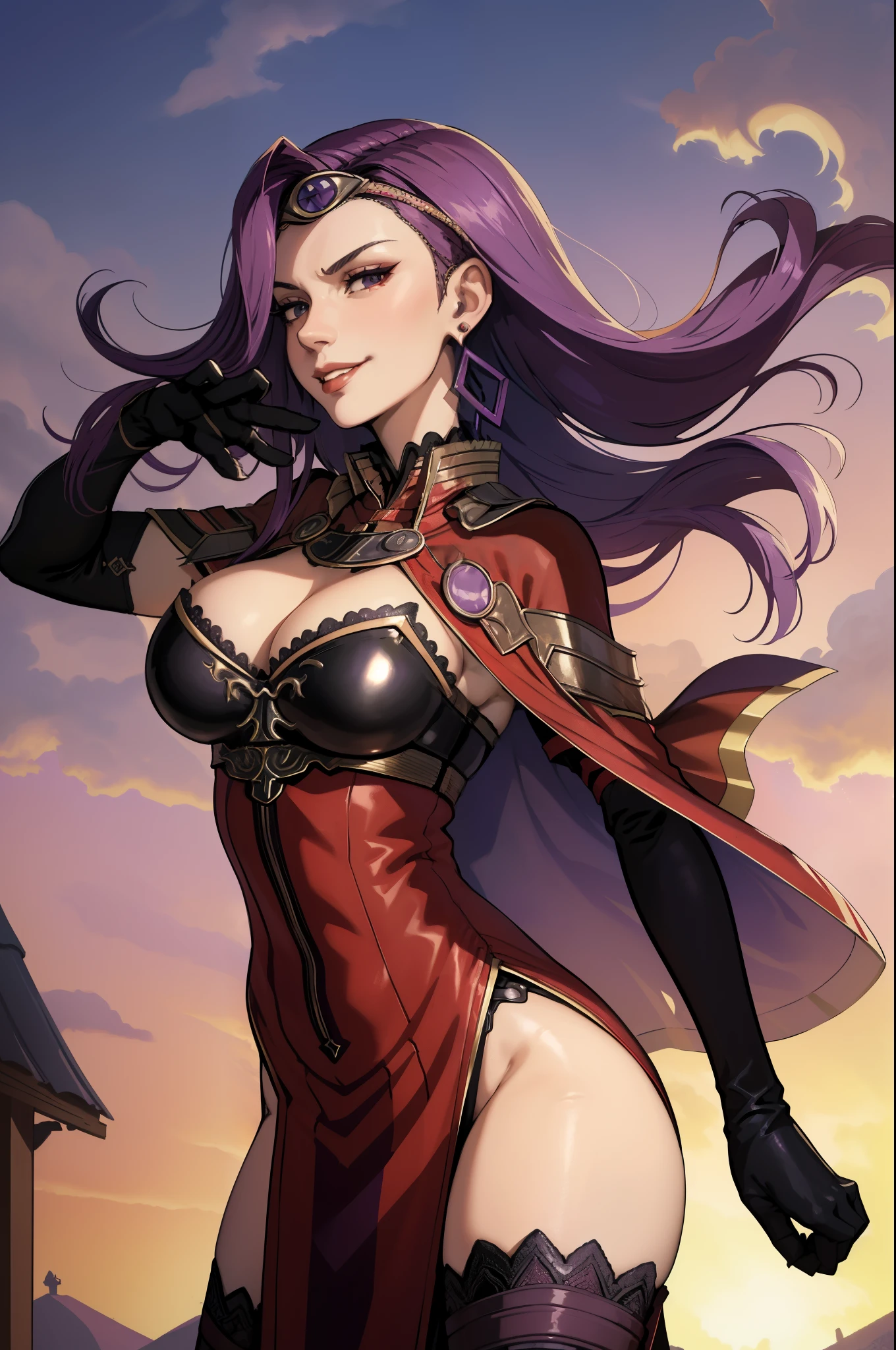 masterpiece, best quality, defsonya, circlet, purple cape, earrings, cleavage, red dress, black gloves, black thighhighs, high heels, from side, hair flip, hand at hair, smirk, sky, clouds, rustic village 