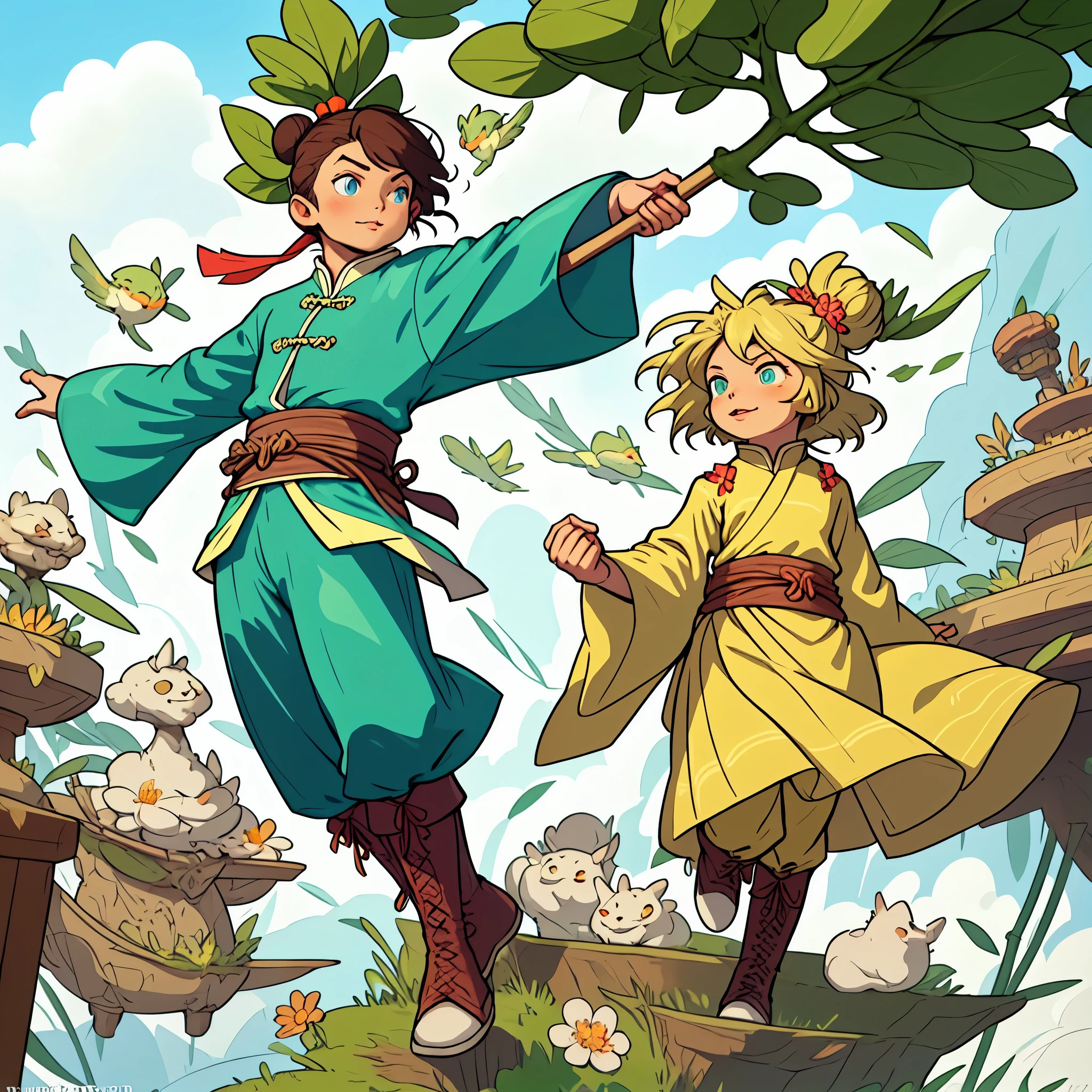 hezi, fresh illustration, flat paint style, sky, cloud, plant,Fantasy westward Journey, Chinese style, chivalry, ancient costume, 1boy, solo, male focus, pants, green pants, white background, blue eyes, brown hair, staff, simple background, hair ornament, green footwear, looking at viewer, hair bun, long sleeves, boots, gem, bangs, full body, holding staff, single hair bun, crystal, outstretched arms, ribbon, flower, orb, hair flower, green ribbon, hair ribbon, holding, chinese clothes, closed mouth, green theme, wide sleeves, sash, blonde hair, short hair, armor, glowing, parted lips, artist name, hair stick, shiny, serious, magic, sidelocks, lips, floating, shiny hair, standing, jewelry, leg up, watermark, v-shaped eyebrows, shirt,,