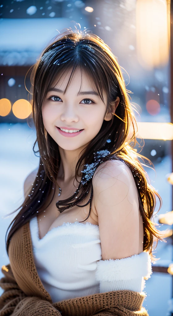 highest quality, full body portrait, delicate face, beautiful face, 20-year-oldの女性, medium long hair, smile, slim body shape, F cup breasts, (RAW photo: 1.2), (realistic: 1.4), (highest quality: 1.4), (ultra high resolution: 1.2), (very detailed: 1.3), (HDR: 1.2), (cinematic lighting: 1.3), (fine eyes), (detailed facial features), (fine fur), (snow background: 1.2), japanese woman, 20-year-old, (Body Portrait 3/4: 1.2),, (soft fur: 1.2), (adorable:1.2), (looking at the viewer), (innocent look), (soft lighting), (dream-like), (fantasy:1.3), (ethereal:1.3),  (Magic:1.2), (Crystal of snow: 1.2), (winter wonderland:1.3), (Whimsical:1.2), (interesting:1.2).