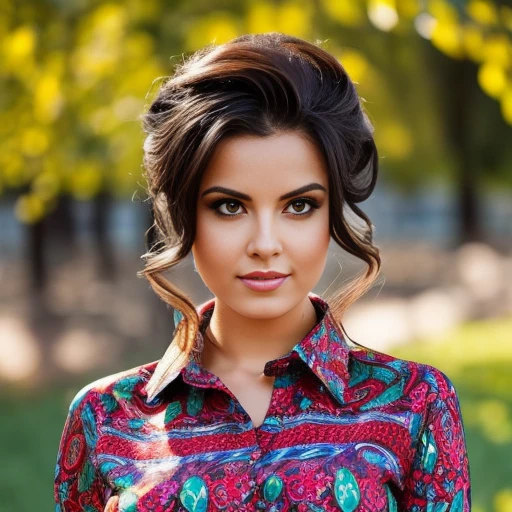 A picture of beautiful brunette woman, messy beehive hair style, slim with curves, pysanky shirt, outdoor background, soft lighting, captured by {randomly selected} photographer 