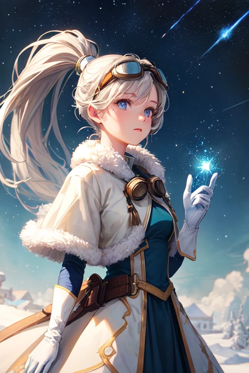 masterpiece, (highest quality: 1.2), (super fine: 1.2), figure, (very delicate and beautiful: 1.2), Film Angle, floating, (beautiful detail eyes: 1.1), (detail light: 1.1), film light, Delicate sky, woman, gray hair, blue eyes, (high ponytail: 1.1),goggles, fur,quilted dress, beige clothes，Brown gloves，shining eyes,  starry sky, (particles of light: 1.1), fog , snow painting, sketch, bloom