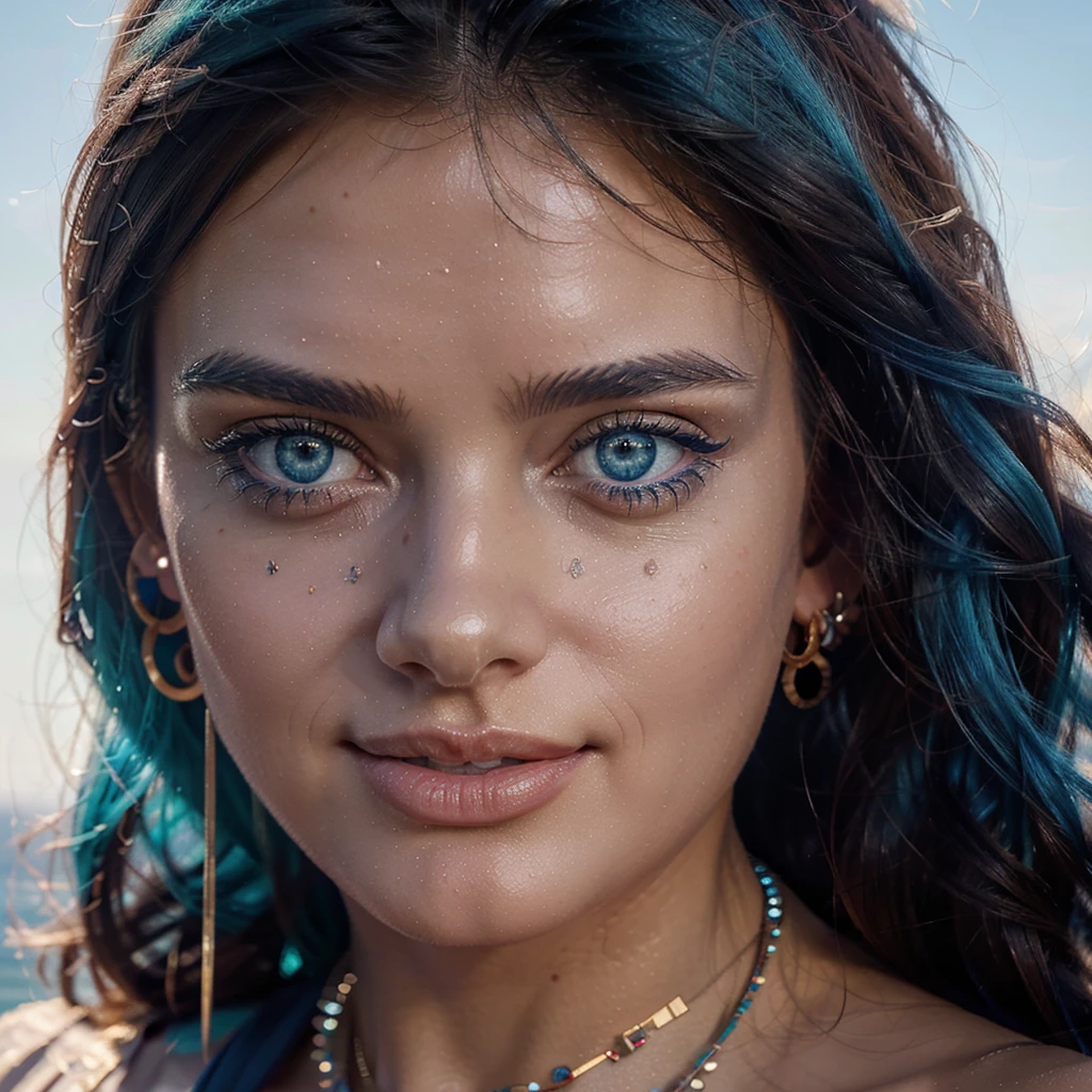 (8k 16k, RAW photo, best quality, masterpiece:1.1), (realistic, photo-realistic:1.37), ultra-detailed, 1girl, solo, upper body, blue hair, big ice blue eyes, realistically rendered, gazing at viewer, radiantly happy, beaming smile, masterpiece of visual art, created by Alphonse Mucha, digitally painted by Wlop,

(Dramatic Perspectives), f/ 1.8, (Expressionist Style), Emotive Art, (Popular on Behance) intricately designed outfit, sparkling jewels, grand necklace, oversized